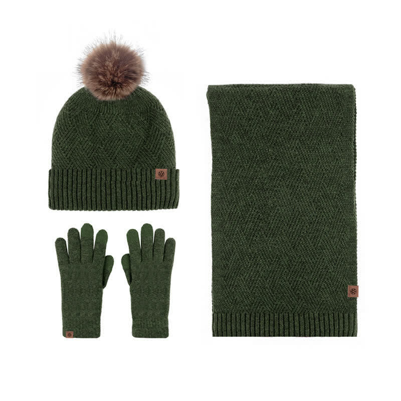 3Pcs Women's Pompom Woven Hat Scarf Touchscreen Gloves Set - Image 13