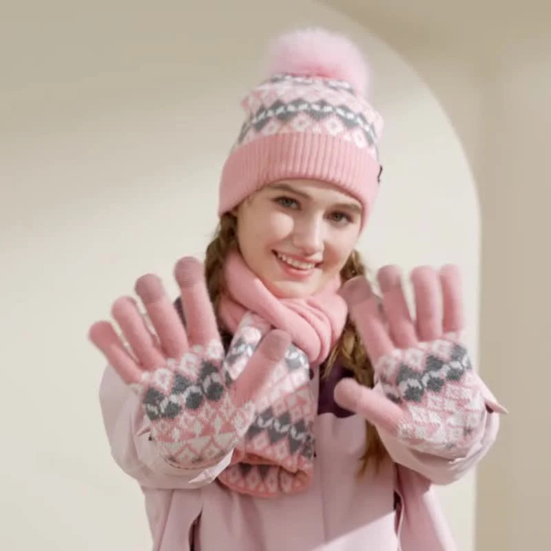3Pcs Unisex Comfort Diamond Pattern Knitted Hat Scarf Gloves Set - Image 12