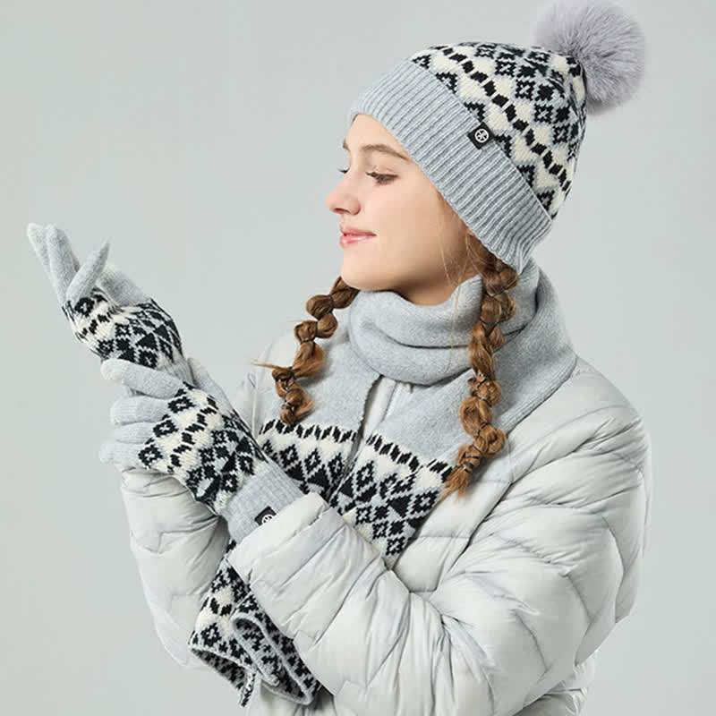 3Pcs Unisex Comfort Diamond Pattern Knitted Hat Scarf Gloves Set - Image 4