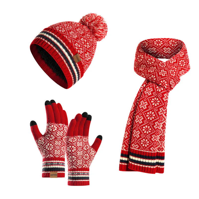 3Pcs Unisex Snowflake Hat Scarf Touchscreen Gloves Set - Image 14