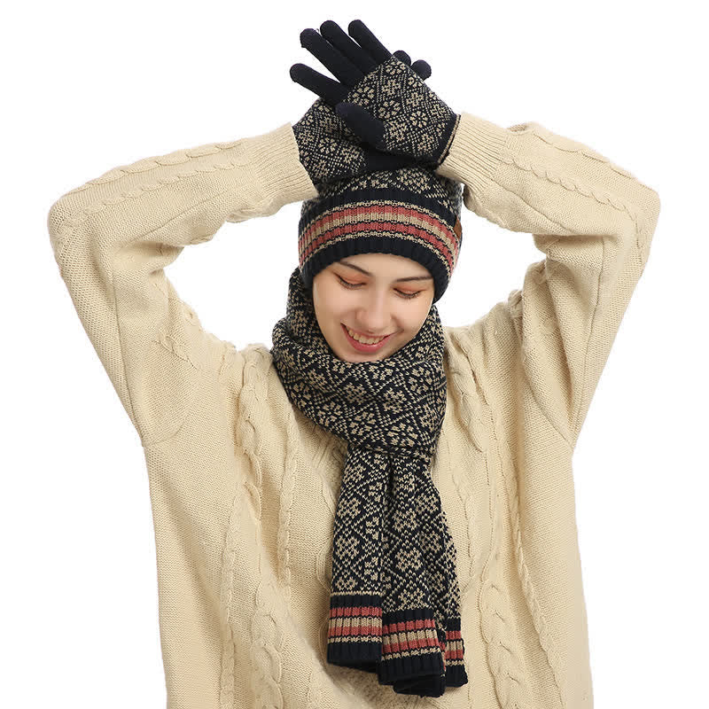 3Pcs Unisex Snowflake Hat Scarf Touchscreen Gloves Set - Image 6