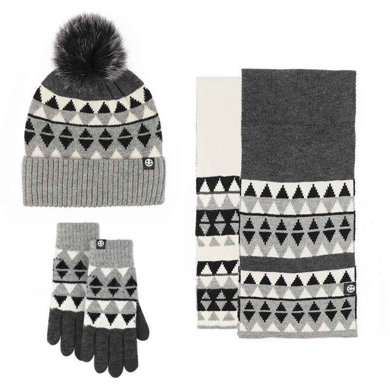 3Pcs Unisex Triangle Pattern Fur Pom Knitted Hat Scarf Gloves Set - Image 16