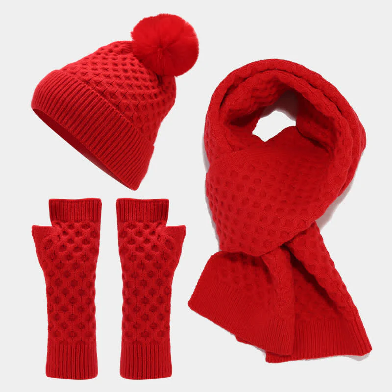 3Pcs Women's Criss Cross Knit Hat Scarf Gloves Set - Image 15