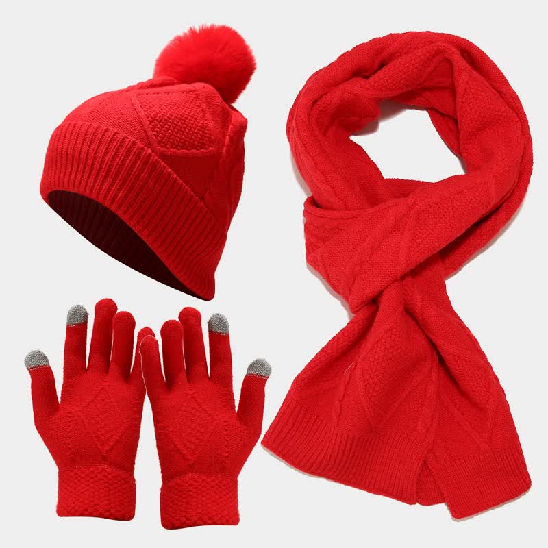 3Pcs Women's Diamond Poms Beanie Hat Scarf Gloves Set - Image 11