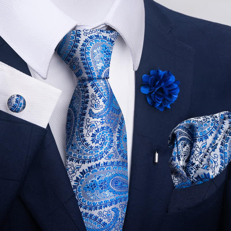 4Pcs Men's Blue Series Floral Striped Necktie Set - Image 5