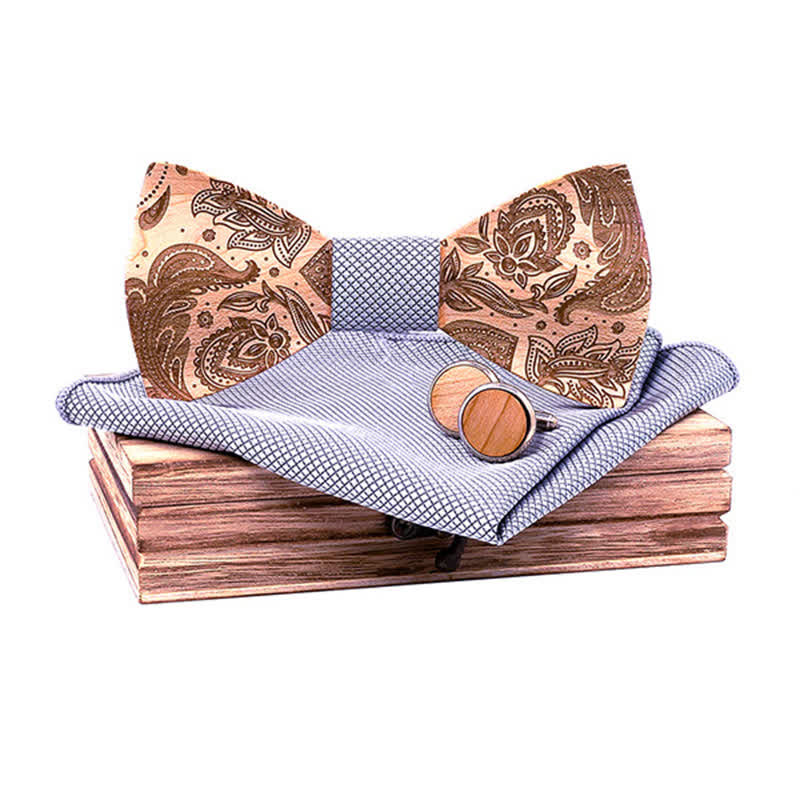 3Pcs Men's Carving Paisley Wooden Bow Tie Set - Image 11