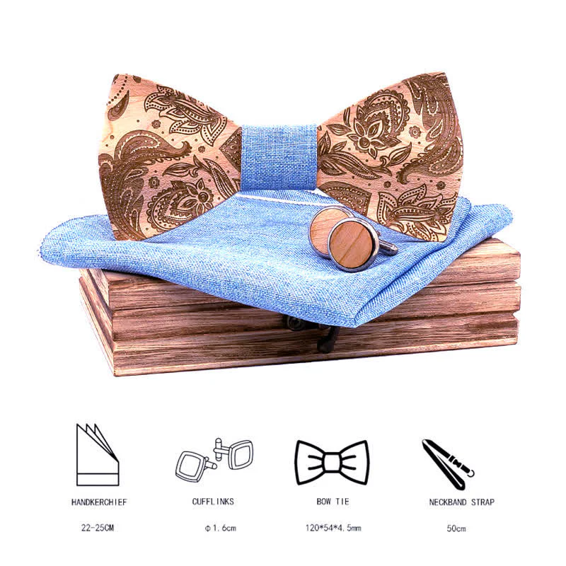 3Pcs Men's Carving Paisley Wooden Bow Tie Set - Image 2