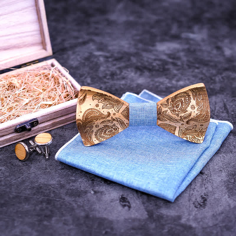 3Pcs Men's Carving Paisley Wooden Bow Tie Set - Image 3