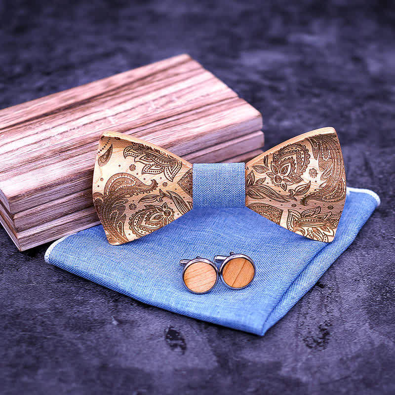 3Pcs Men's Carving Paisley Wooden Bow Tie Set - Image 4