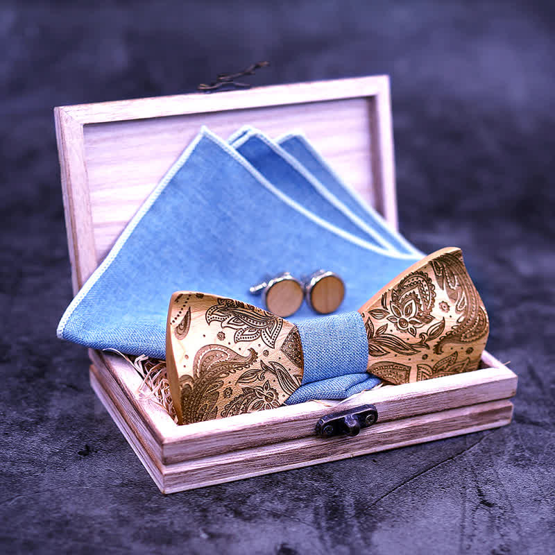 3Pcs Men's Carving Paisley Wooden Bow Tie Set - Image 5