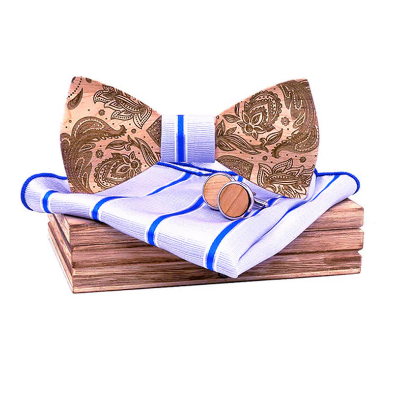 3Pcs Men's Carving Paisley Wooden Bow Tie Set - Image 9