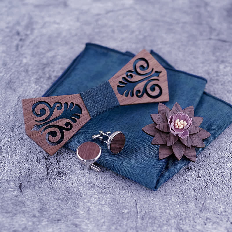 4Pcs Men's Hollow Flower Pattern Wooden Bow Tie Set - Image 6