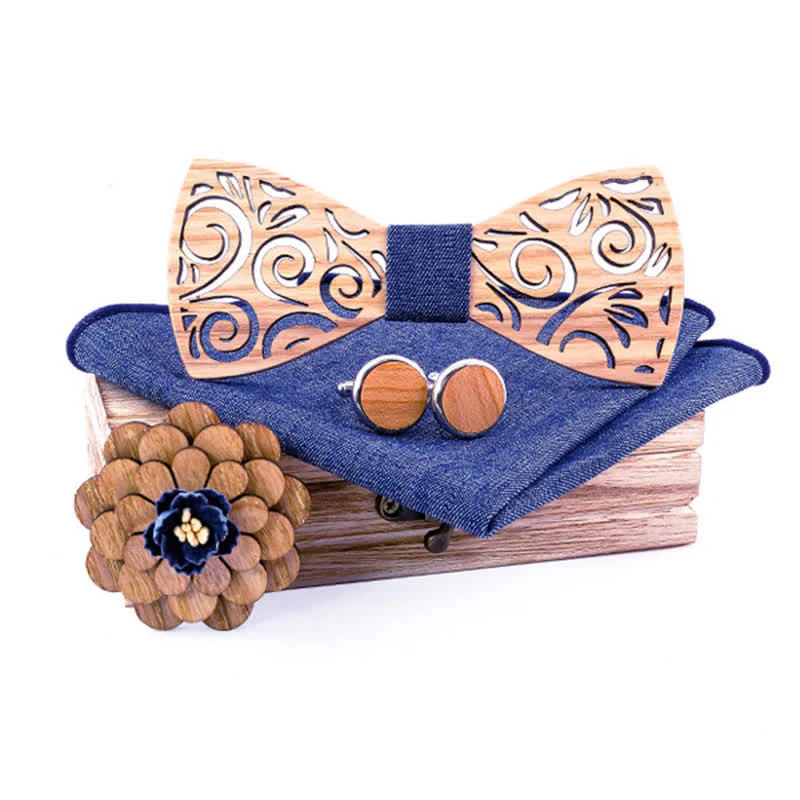 4Pcs Men's Hollow Leaf Design Wooden Bow Tie Set - Image 9