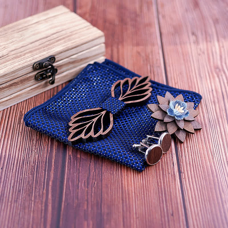 4Pcs Men's Hollow Leaves-shaped Wooden Bow Tie Set - Image 3