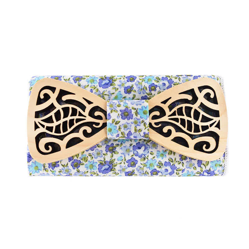 2Pcs Men's Openwork Carved Leaves Wooden Bow Tie Set - Image 2