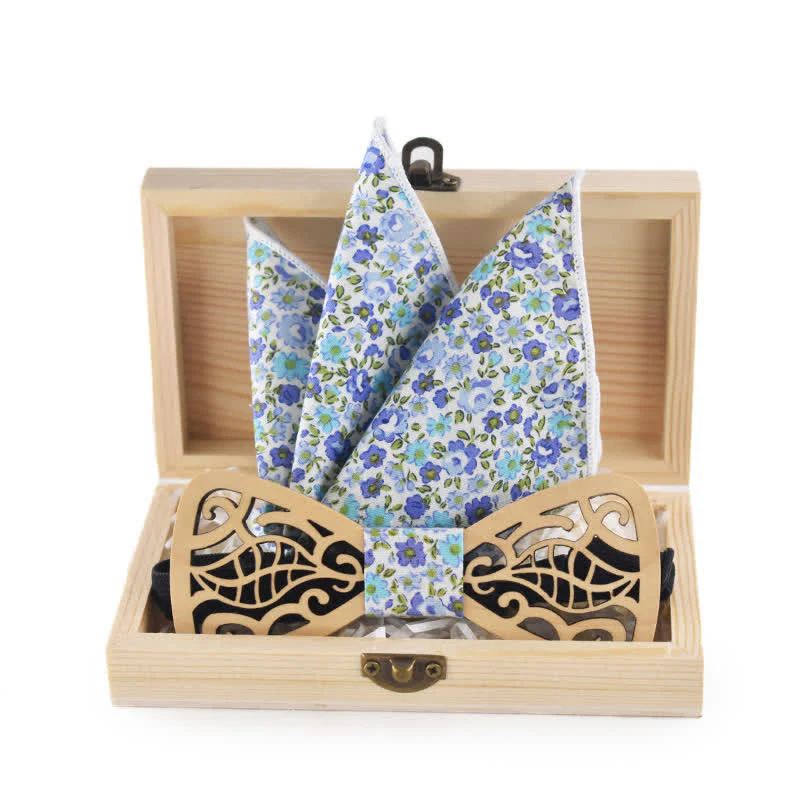 2Pcs Men's Openwork Carved Leaves Wooden Bow Tie Set - Image 3