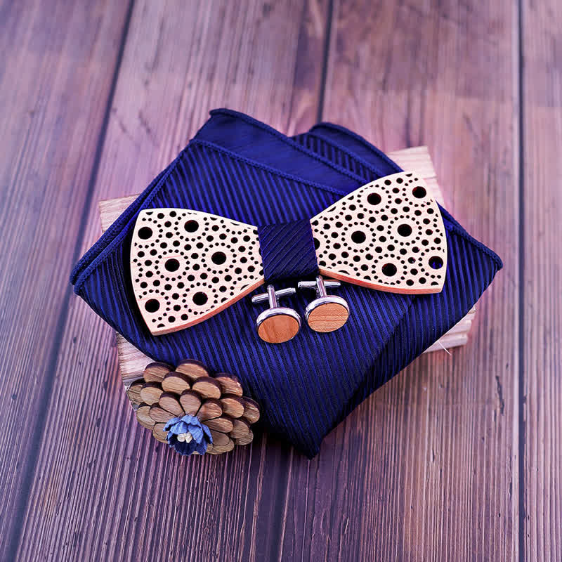 4Pcs Men's Round Hollow Wooden Bow Tie Set - Image 4