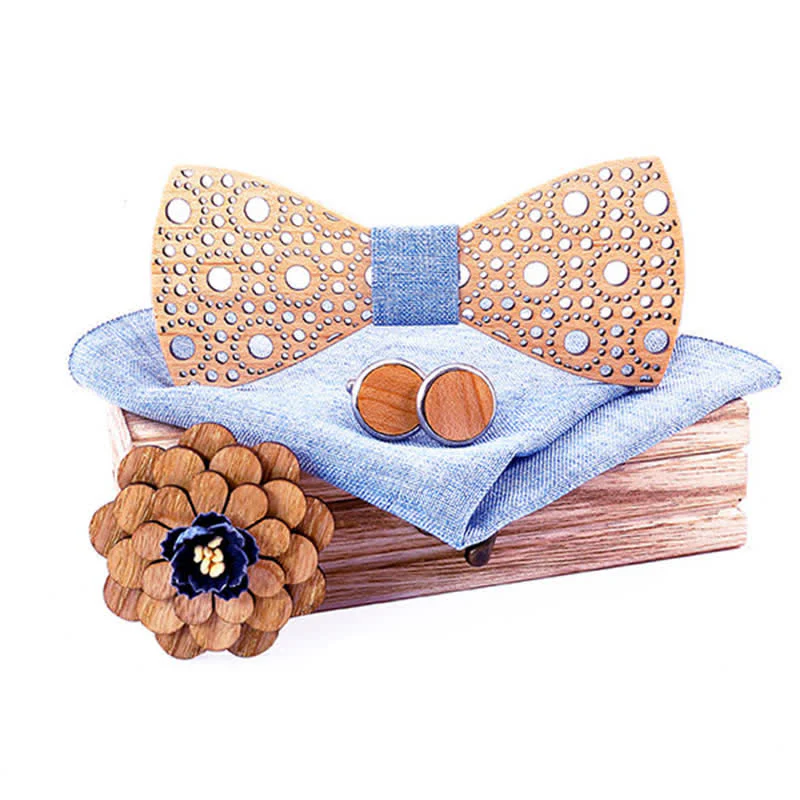 4Pcs Men's Round Hollow Wooden Bow Tie Set - Image 9