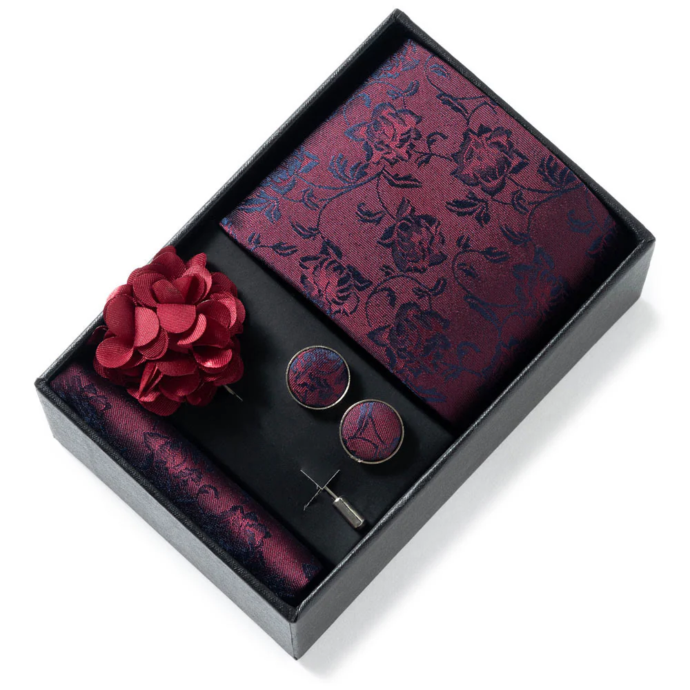 4Pcs Men's Stylish Patterned Fabric Necktie Pocket Square Cufflink And Lapel Flower Set
