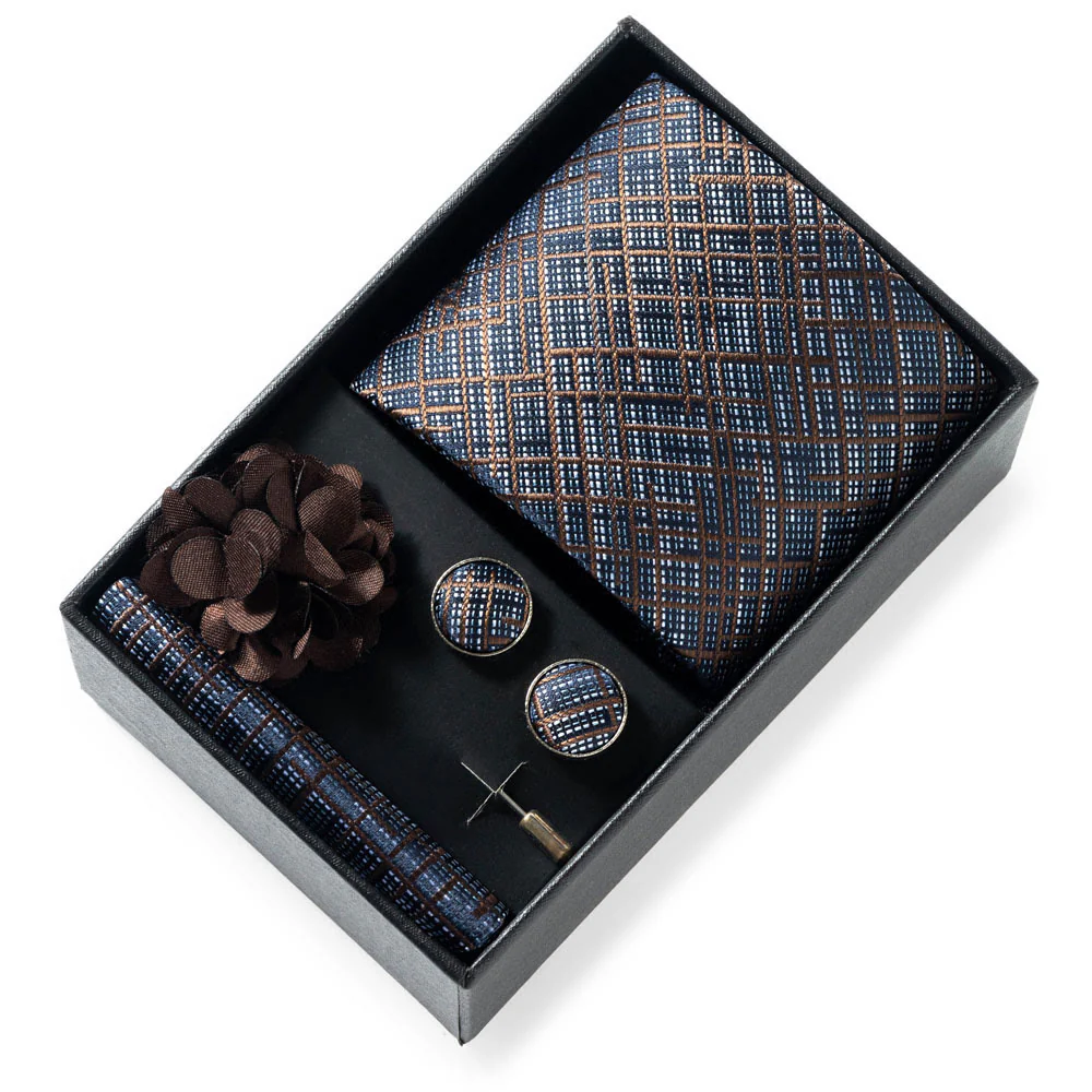 4Pcs Men's Stylish Patterned Fabric Necktie Pocket Square Cufflink And Lapel Flower Set - Image 3