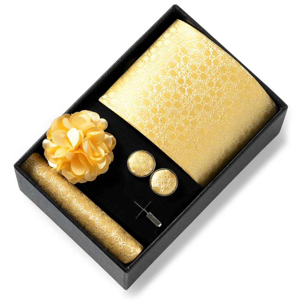 4Pcs Men's Stylish Patterned Fabric Necktie Pocket Square Cufflink And Lapel Flower Set - Image 7