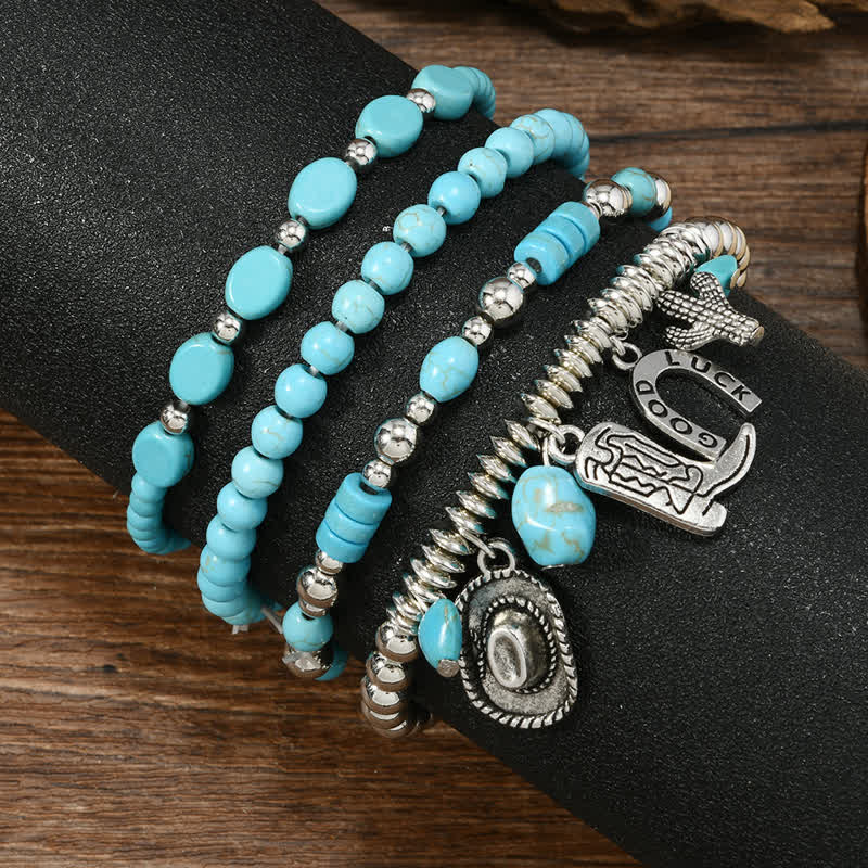 4Pcs Western Frontier Style Turquoise Leather Bracelet Set - Image 4