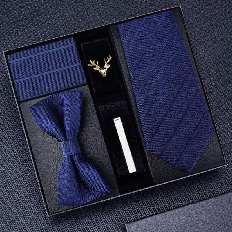 5Pcs Men's Striped Necktie Deer Brooch Bow Ties Gift Box - Image 3