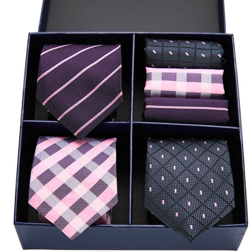 6Pcs Men's Pink & Black Dotty Striped Necktie Pocket Square Set Gift Box - Image 3