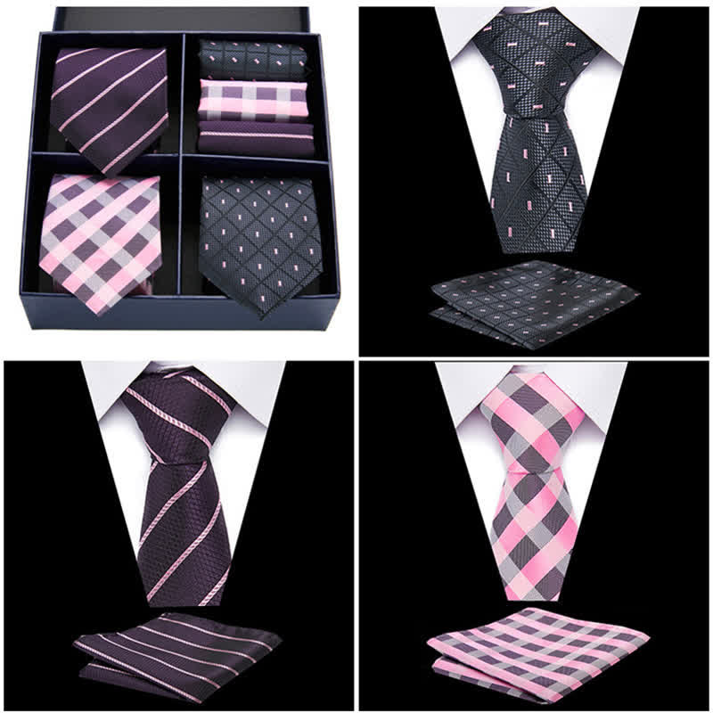6Pcs Men's Pink & Black Dotty Striped Necktie Pocket Square Set Gift Box - Image 4