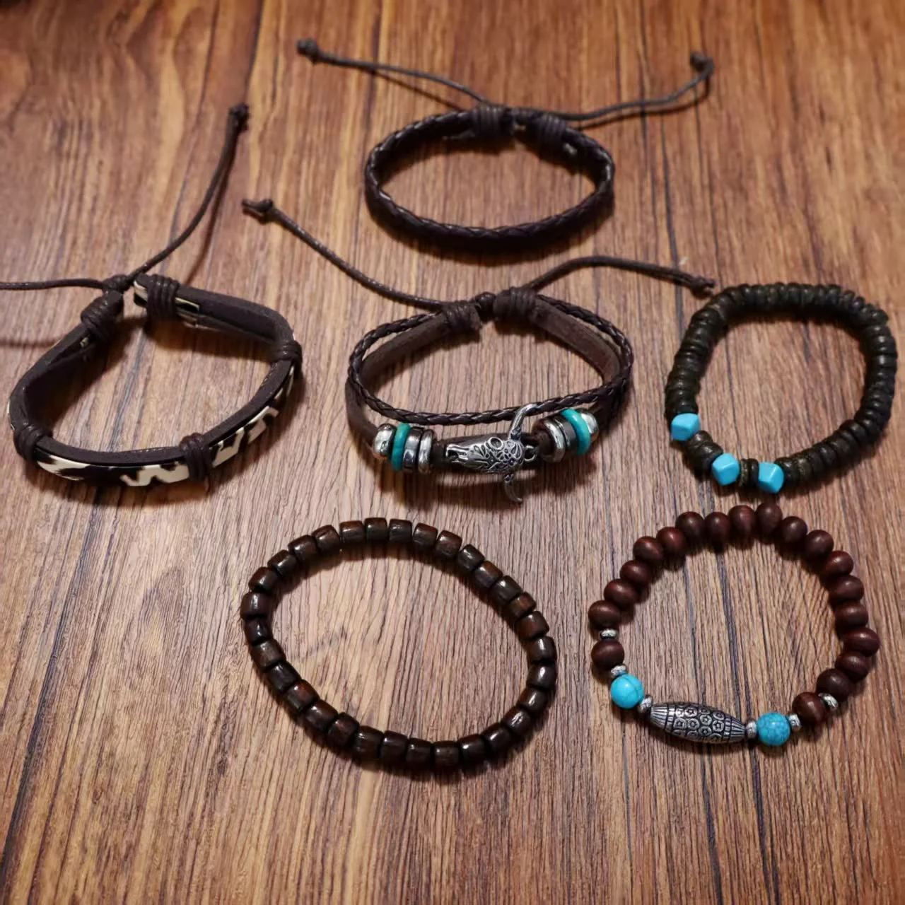 6pcs Western Retro Skull Bullhead Turquoise Leather Beaded Bracelet - Image 4