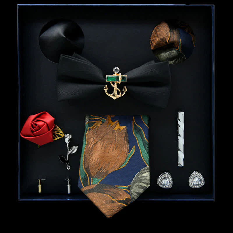 8Pcs Black&Peru Floral Casual Necktie Bow Ties Gift Box