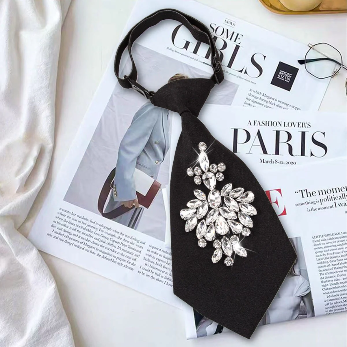 Adjustable Black Pre-tied Rhinestone Women's Short Necktie - Image 3
