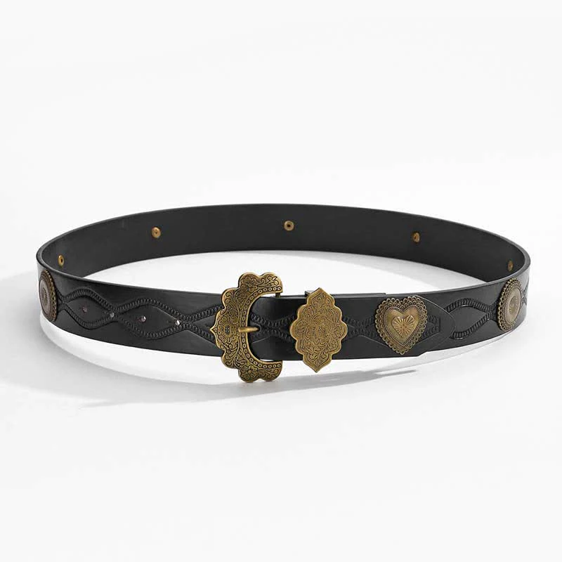 Antique Bronze Heart & Round Rivets Black Leather Belt - Image 3