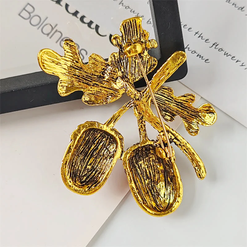 Antique Gold Diamond Studded Hazelnut Metal Brooch - Image 3