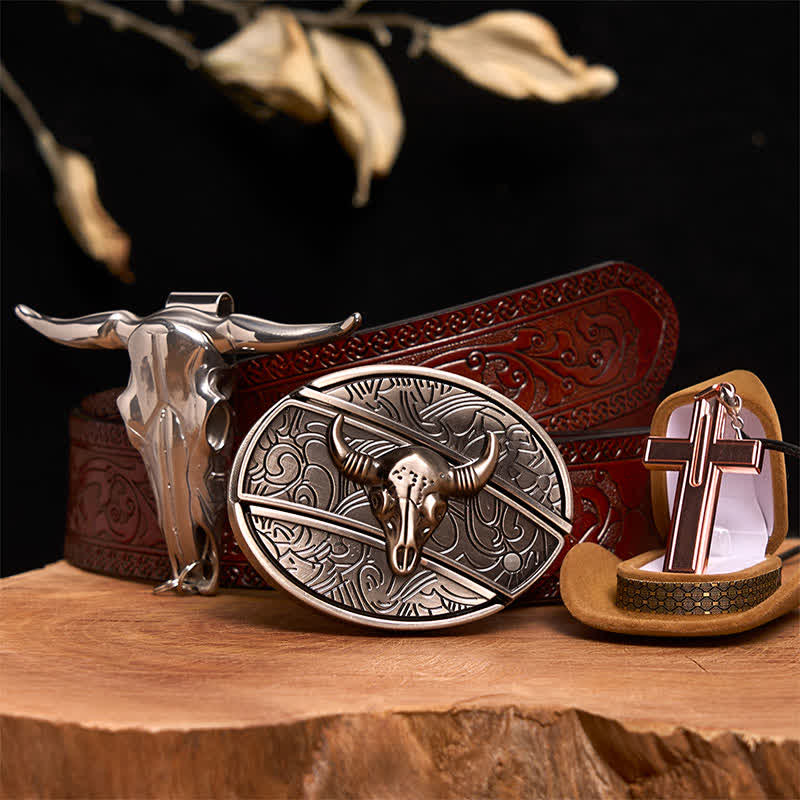 Antique Silver Bull DIY Hidden Knife Belt Buckle Cross Necklace Bundle Set - Image 8