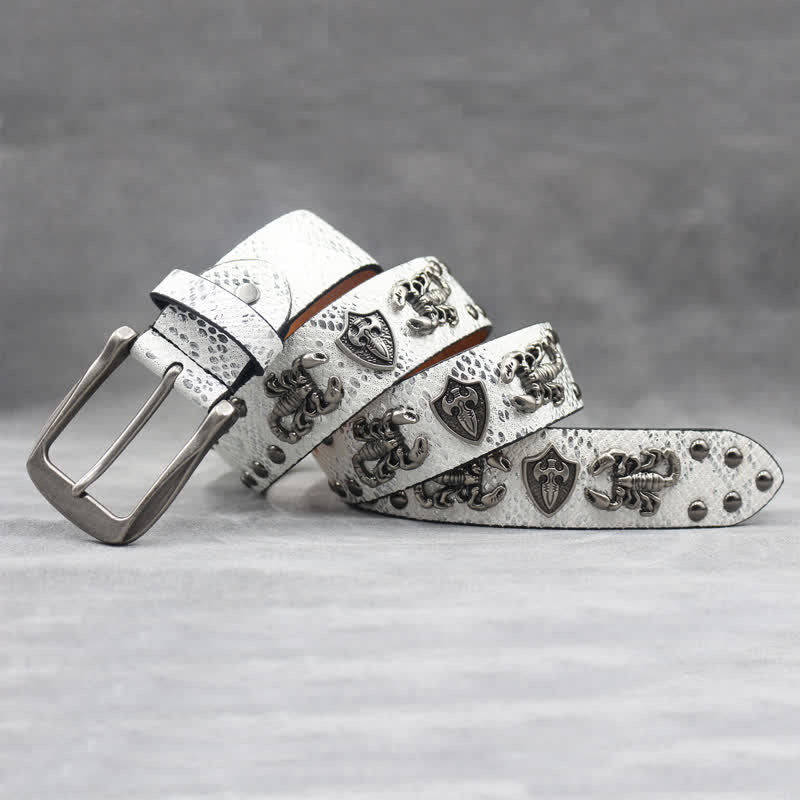Antique Silver Scorpion Rivet Black Snakeskin Print Leather Belt - Image 8