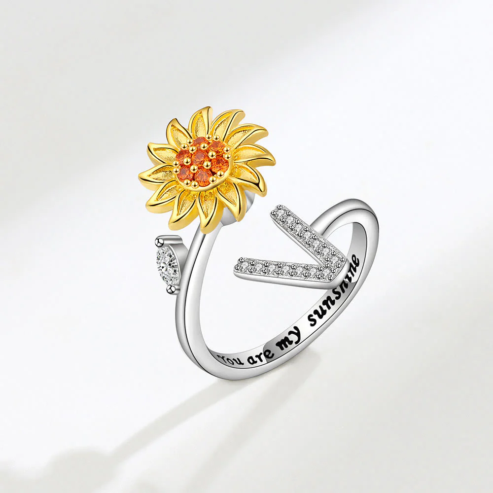 Anxiery Rotating Sunflower Initial Letter Adjustable Ring - Image 23