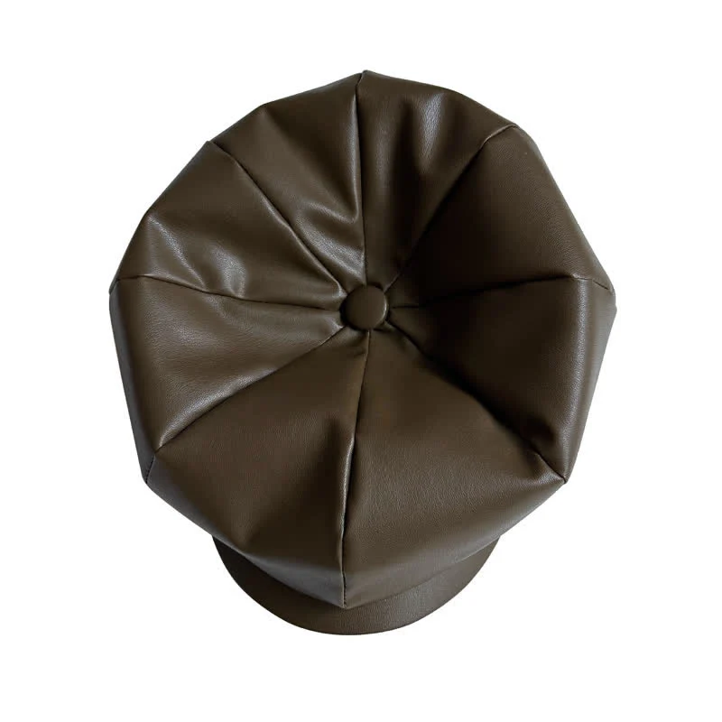 Army Green British Style Octagonal Leather Beret Hat - Image 2