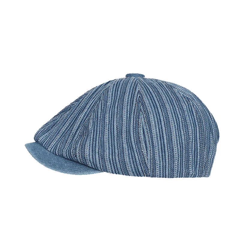Artist Painter Striped Washed Denim Octagonal Beret Cap - Image 3