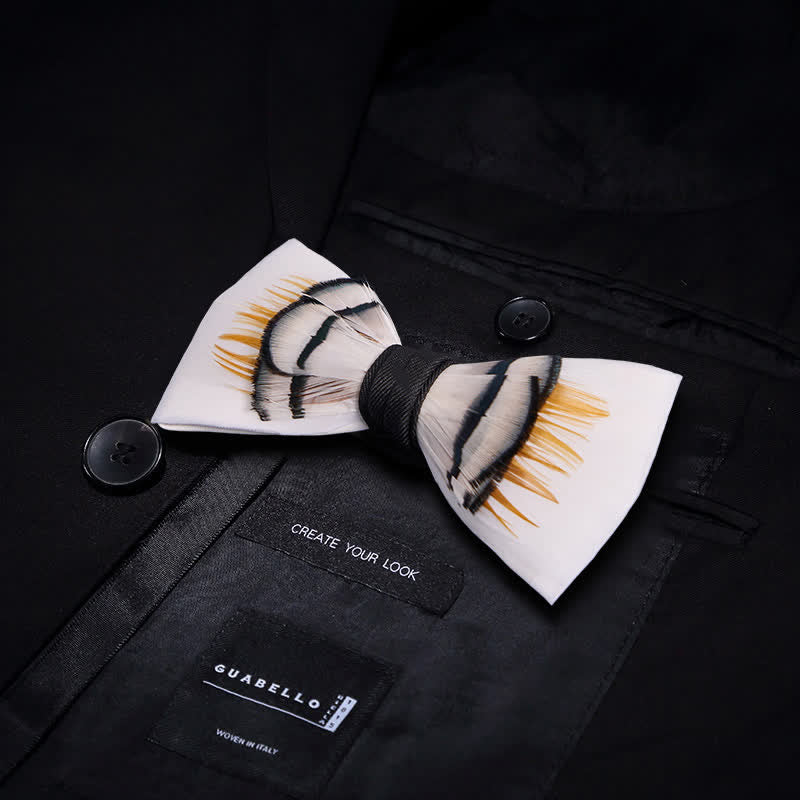 Beige Elegant Feather Bow Tie with Lapel Pin - Image 3