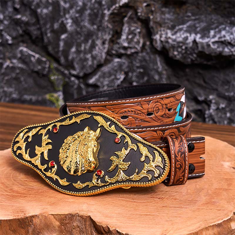 Black And Gold Horse Head DIY Buckle Leather Belt - Image 10