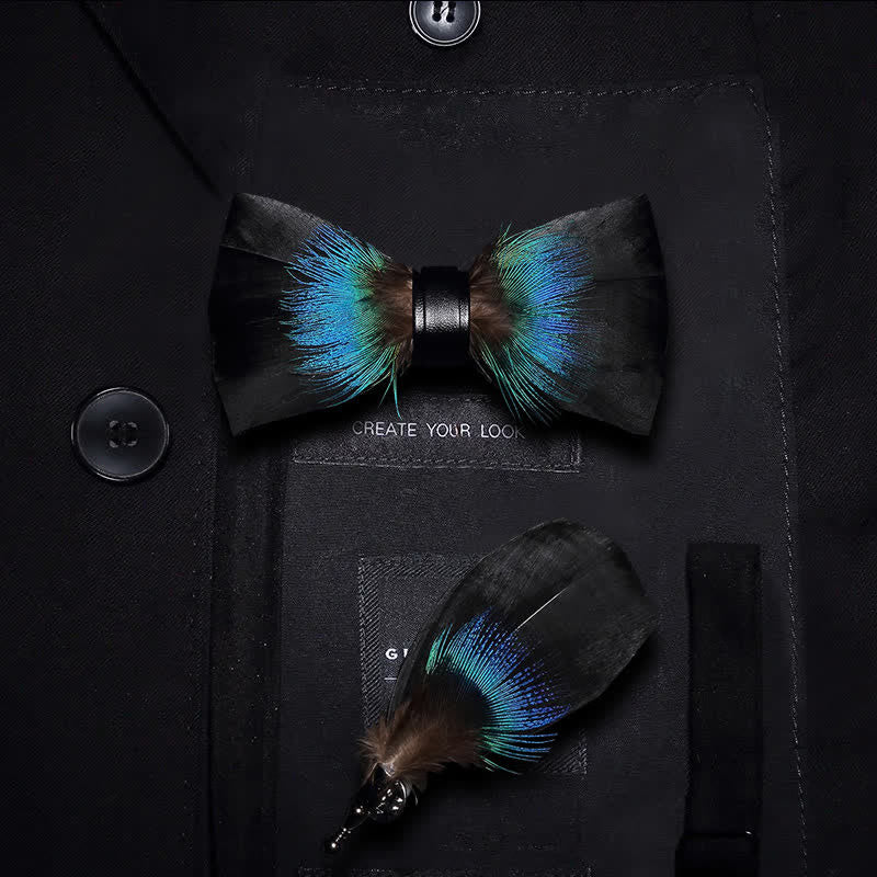Black & Blue Versatile Feather Bow Tie with Lapel Pin - Image 4