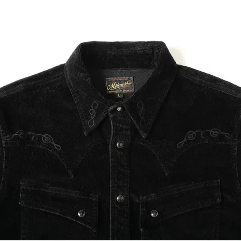 Black Corduroy Embroidery Western Cowboy Shirt - Image 5