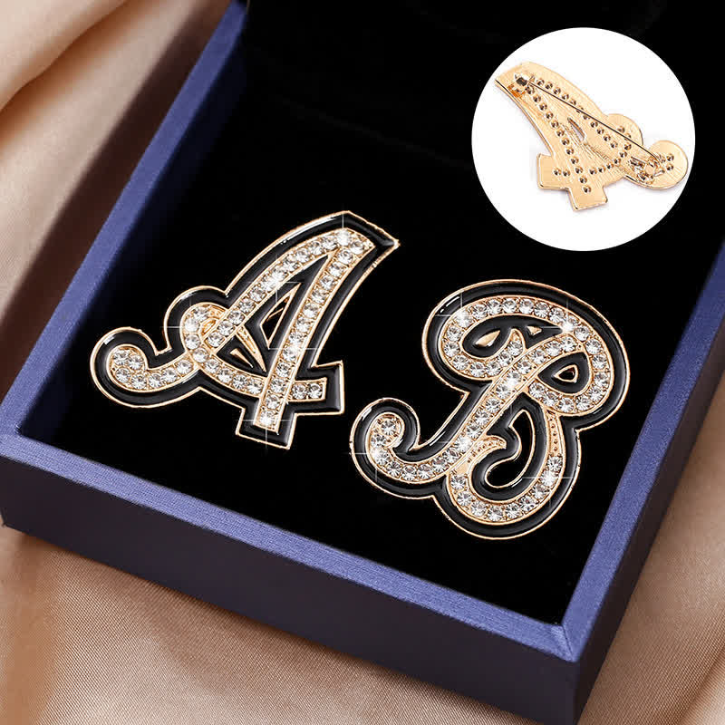 Black Enameled Initial Letter Rhinestone 26 Alphabet Brooch - Image 4