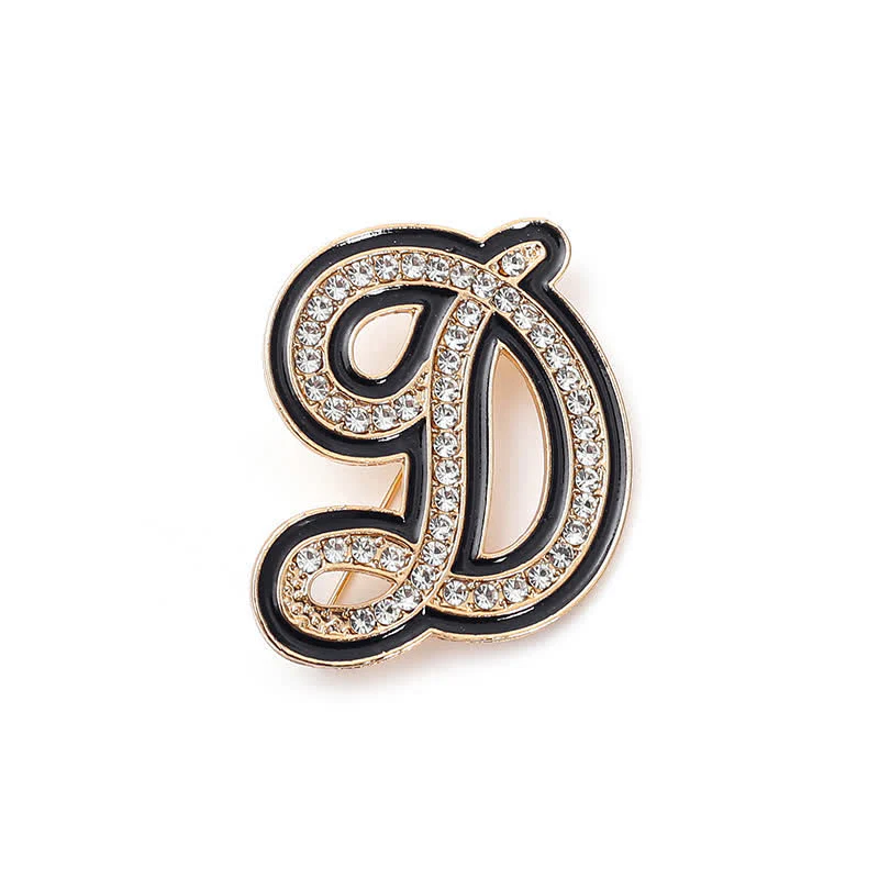 Black Enameled Initial Letter Rhinestone 26 Alphabet Brooch - Image 9