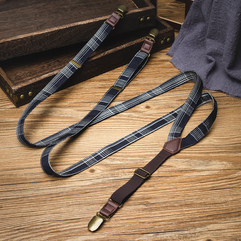 Black Gray Plaid Pattern Y-back Elastic Suspenders - Image 3