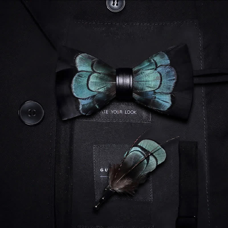 Black & Green Exquisite Feather Bow Tie with Lapel Pin - Image 7