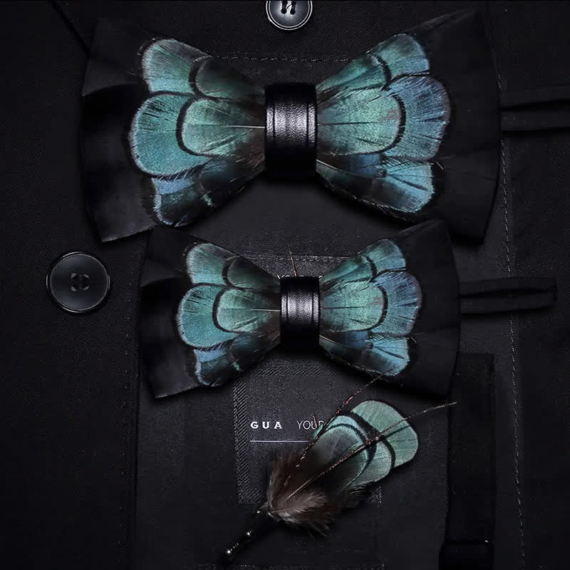 Black & Green Exquisite Feather Bow Tie with Lapel Pin - Image 8