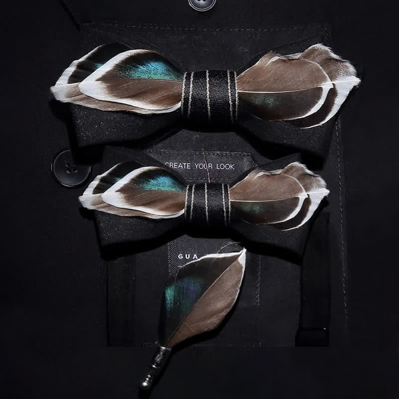 Black Mallard Duck Feather Bow Tie with Lapel Pin - Image 5