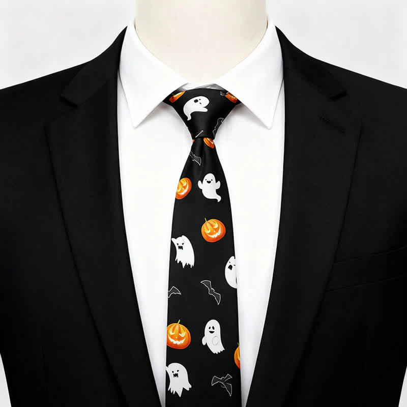 Black & Orange Halloween Ghost Pumpkin Pattern Necktie - Image 2